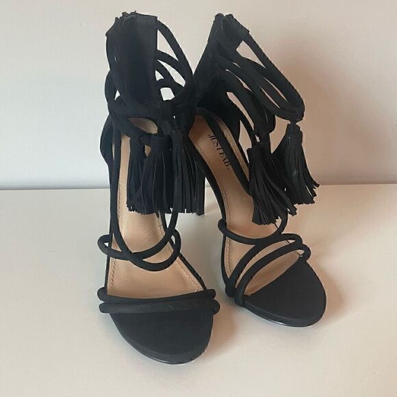 JustFab Gladiator Keeley Black Ankle Strap Tassel High Heels Size 7.5 - Picture 3 of 8